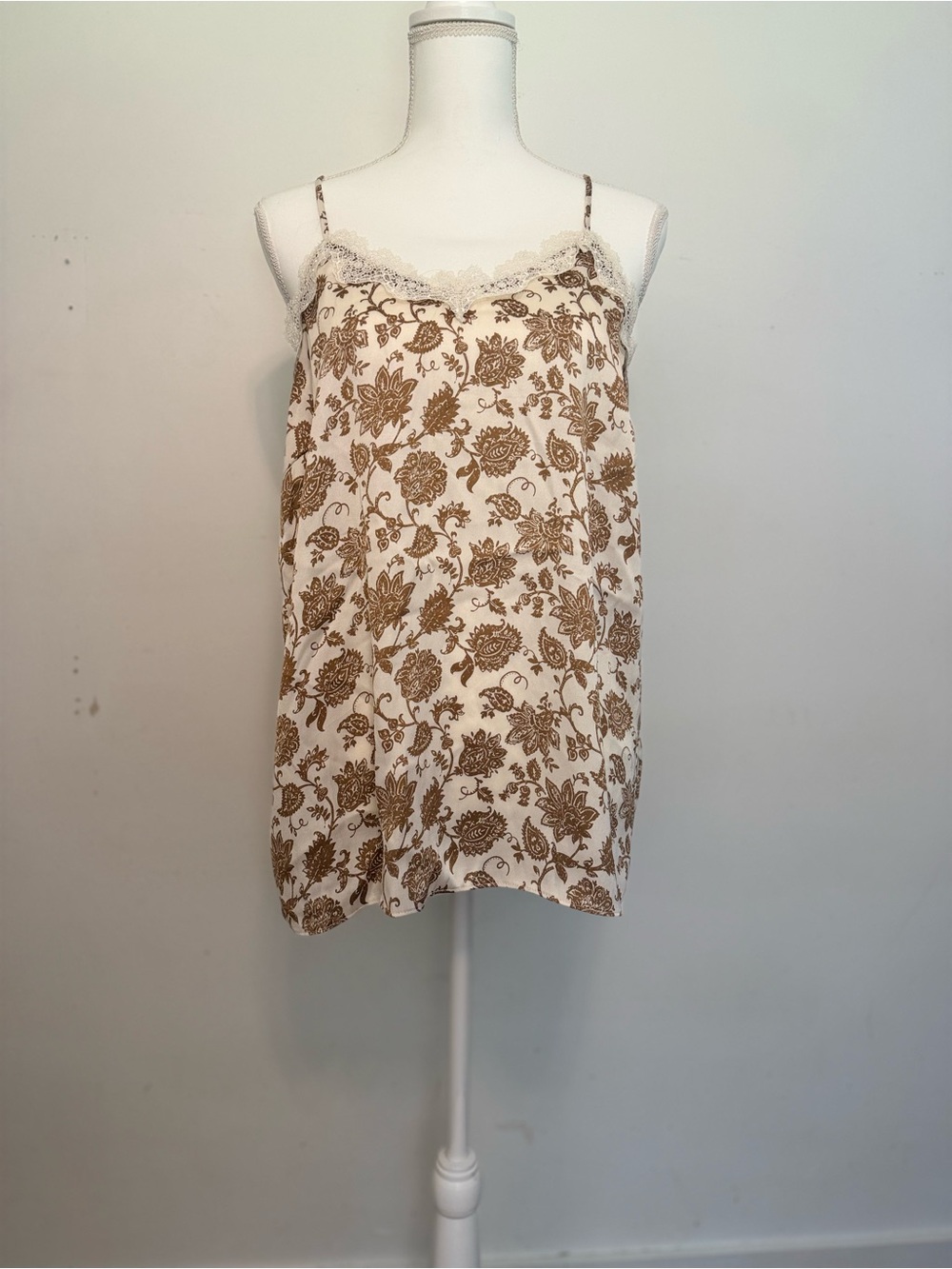 Doe & Rae Cream Cami with Brown Floral Print & Lace Trim